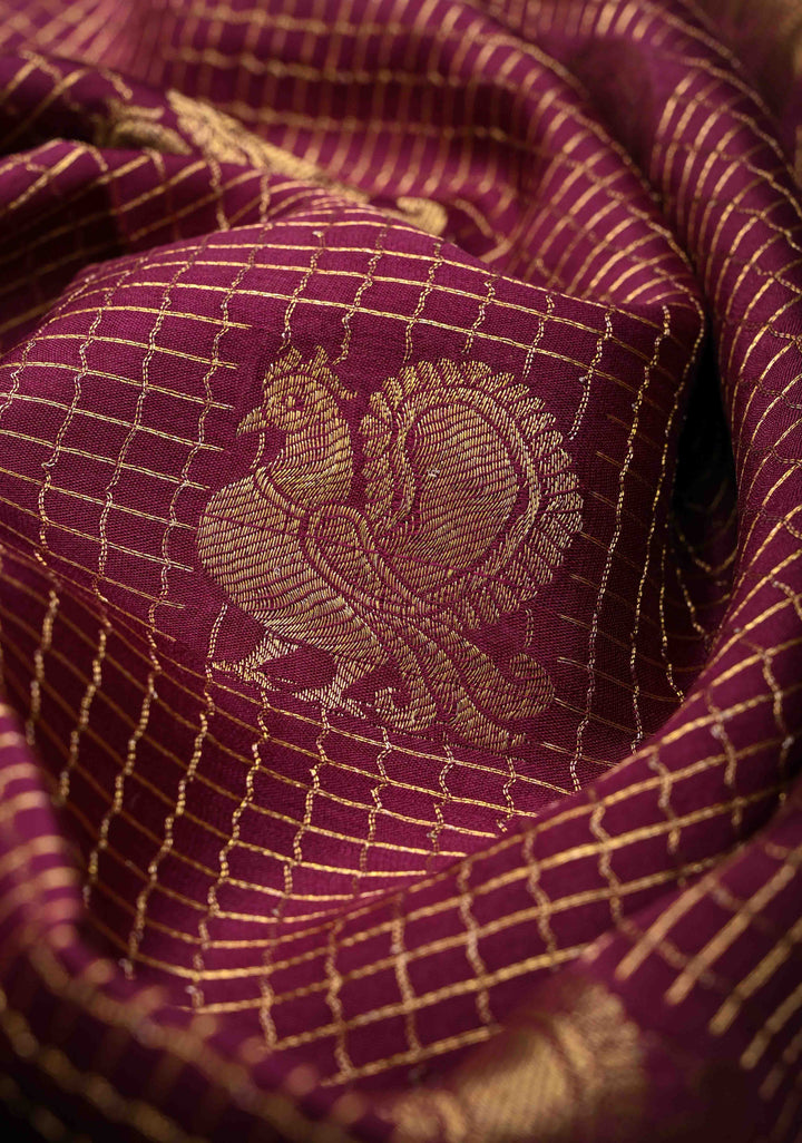 Wine Red Podi Kattam Zari Checks on Pure Mysore Silk saree Peacock And Paisley Motifs And Rettai Pattai Border  | SILK MARK CERTIFIED