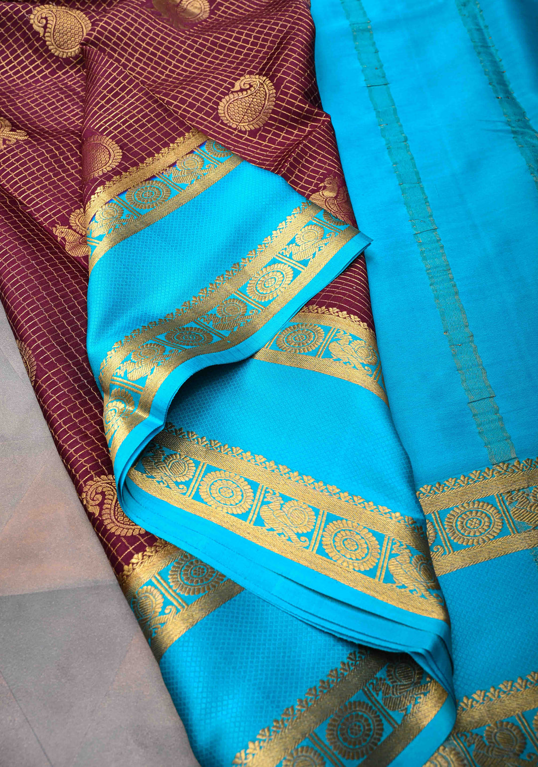 Wine Red Podi Kattam Zari Checks on Pure Mysore Silk saree Peacock And Paisley Motifs And Rettai Pattai Border  | SILK MARK CERTIFIED