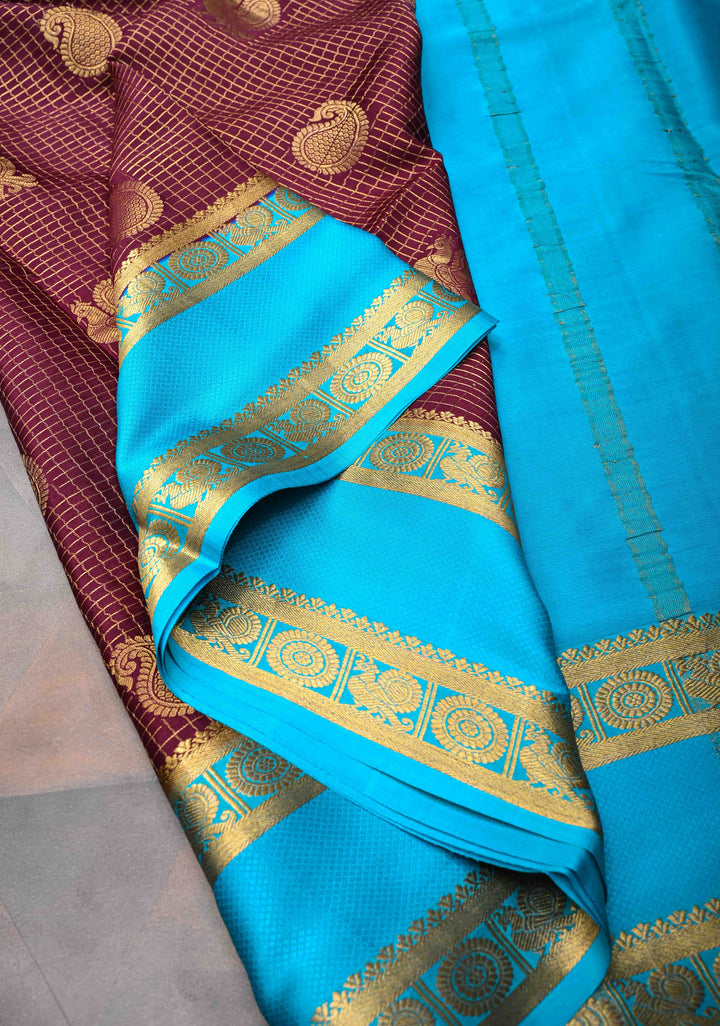 Wine Red Podi Kattam Zari Checks on Pure Mysore Silk saree Peacock And Paisley Motifs And Rettai Pattai Border  | SILK MARK CERTIFIED