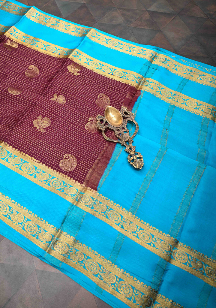 Wine Red Podi Kattam Zari Checks on Pure Mysore Silk saree Peacock And Paisley Motifs And Rettai Pattai Border  | SILK MARK CERTIFIED