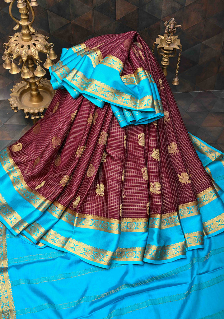 Wine Red Podi Kattam Zari Checks on Pure Mysore Silk saree Peacock And Paisley Motifs And Rettai Pattai Border  | SILK MARK CERTIFIED