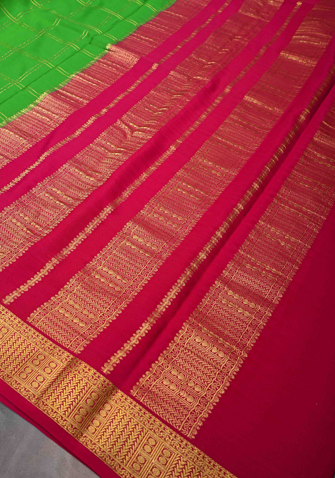 Grass Green Zari Checks Pattern Mysore silk Saree With Zari Border in KSIC Grade Thickness | SILK MARK CERTIFIED