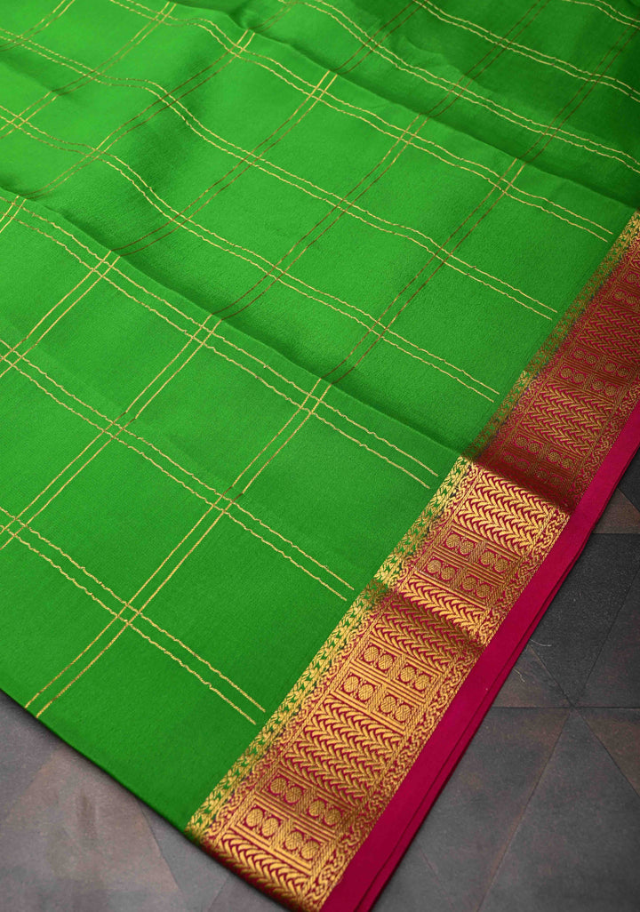 Grass Green Zari Checks Pattern Mysore silk Saree With Zari Border in KSIC Grade Thickness | SILK MARK CERTIFIED