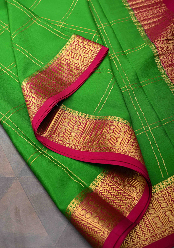 Grass Green Zari Checks Pattern Mysore silk Saree With Zari Border in KSIC Grade Thickness | SILK MARK CERTIFIED