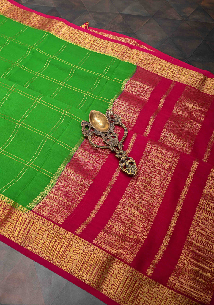 Grass Green Zari Checks Pattern Mysore silk Saree With Zari Border in KSIC Grade Thickness | SILK MARK CERTIFIED