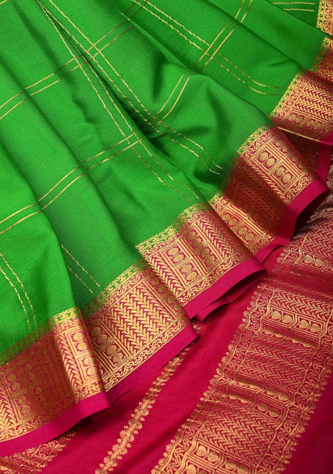 Grass Green Zari Checks Pattern Mysore silk Saree With Zari Border in KSIC Grade Thickness | SILK MARK CERTIFIED