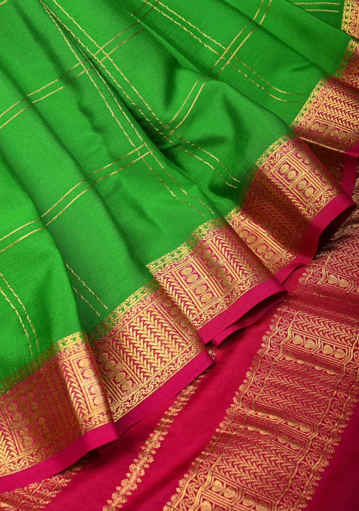 Grass Green Zari Checks Pattern Mysore silk Saree With Zari Border in KSIC Grade Thickness | SILK MARK CERTIFIED