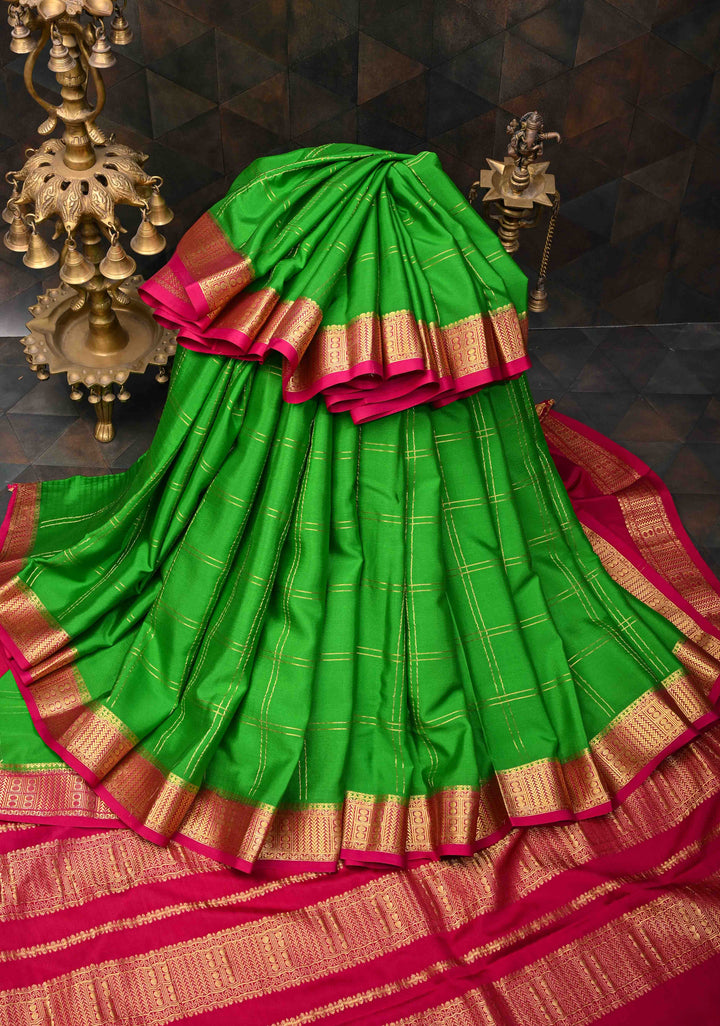 Grass Green Zari Checks Pattern Mysore silk Saree With Zari Border in KSIC Grade Thickness | SILK MARK CERTIFIED