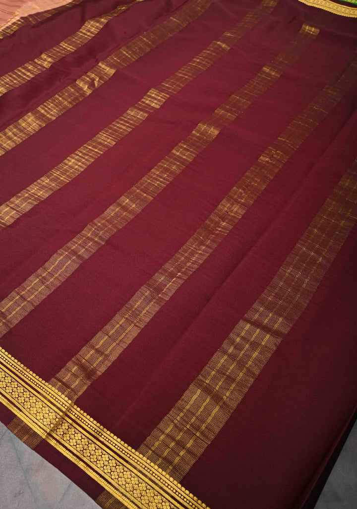 Pinkish Tan Mysore silk Saree With Horizontal stripes and Panel Contrast Zari Border in KSIC Grade Thickness | SILK MARK CERTIFIED