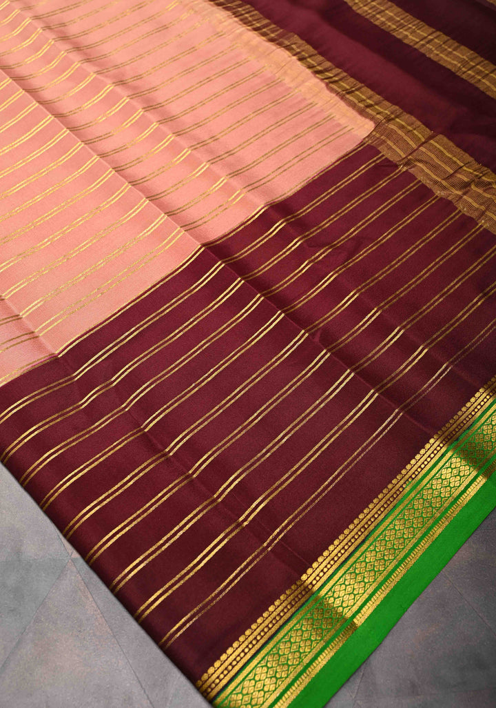Pinkish Tan Mysore silk Saree With Horizontal stripes and Panel Contrast Zari Border in KSIC Grade Thickness | SILK MARK CERTIFIED