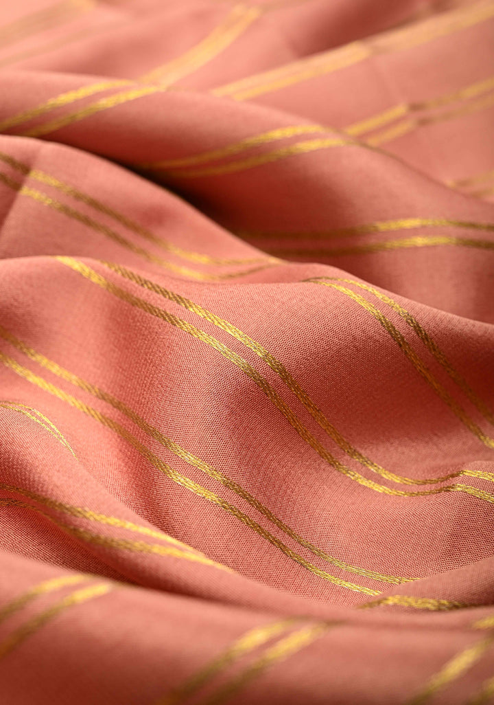 Pinkish Tan Mysore silk Saree With Horizontal stripes and Panel Contrast Zari Border in KSIC Grade Thickness | SILK MARK CERTIFIED