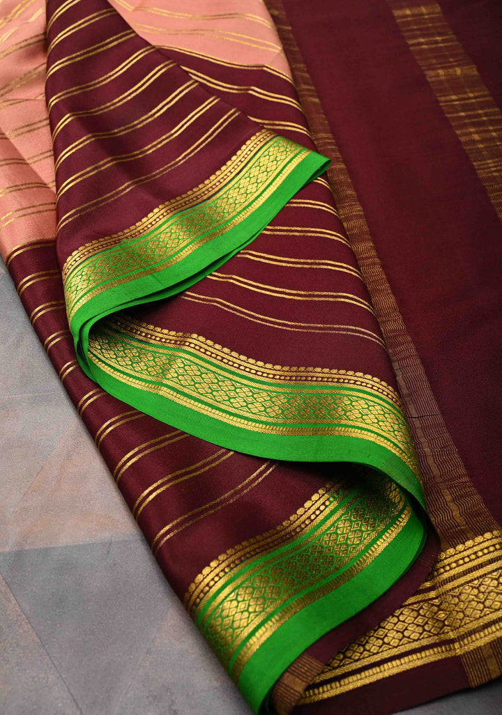 Pinkish Tan Mysore silk Saree With Horizontal stripes and Panel Contrast Zari Border in KSIC Grade Thickness | SILK MARK CERTIFIED
