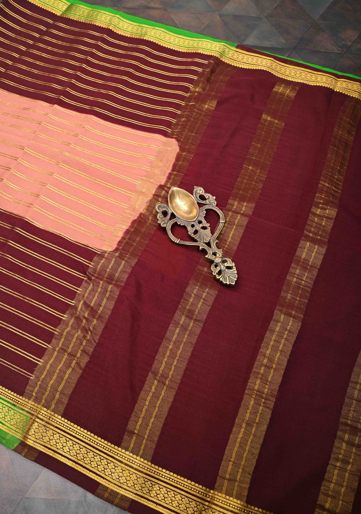 Pinkish Tan Mysore silk Saree With Horizontal stripes and Panel Contrast Zari Border in KSIC Grade Thickness | SILK MARK CERTIFIED