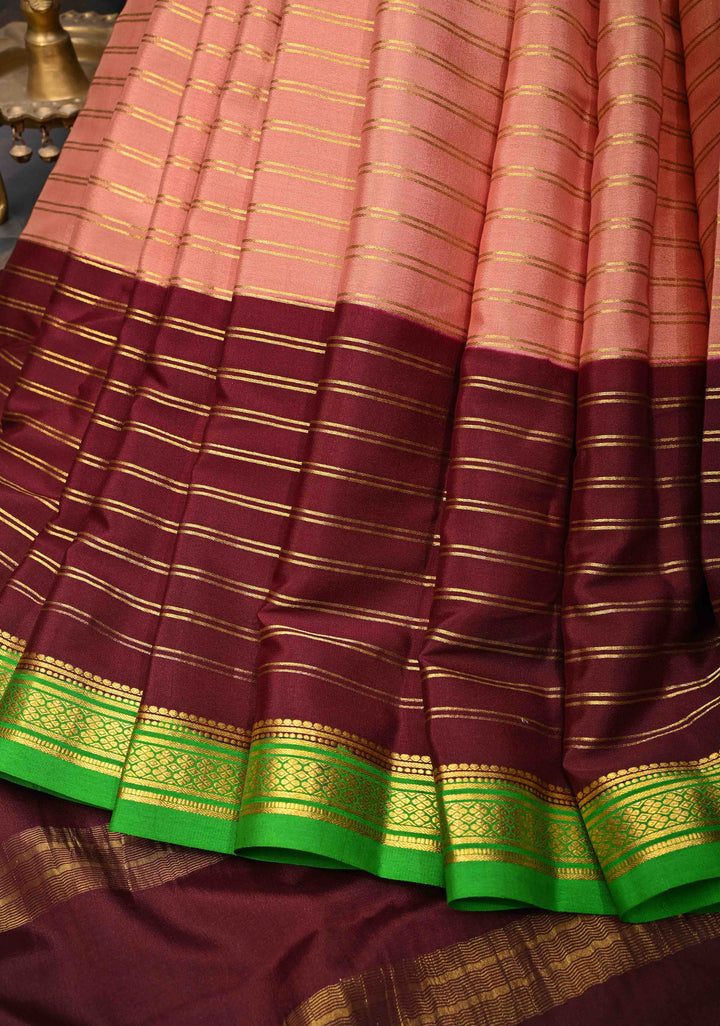 Pinkish Tan Mysore silk Saree With Horizontal stripes and Panel Contrast Zari Border in KSIC Grade Thickness | SILK MARK CERTIFIED
