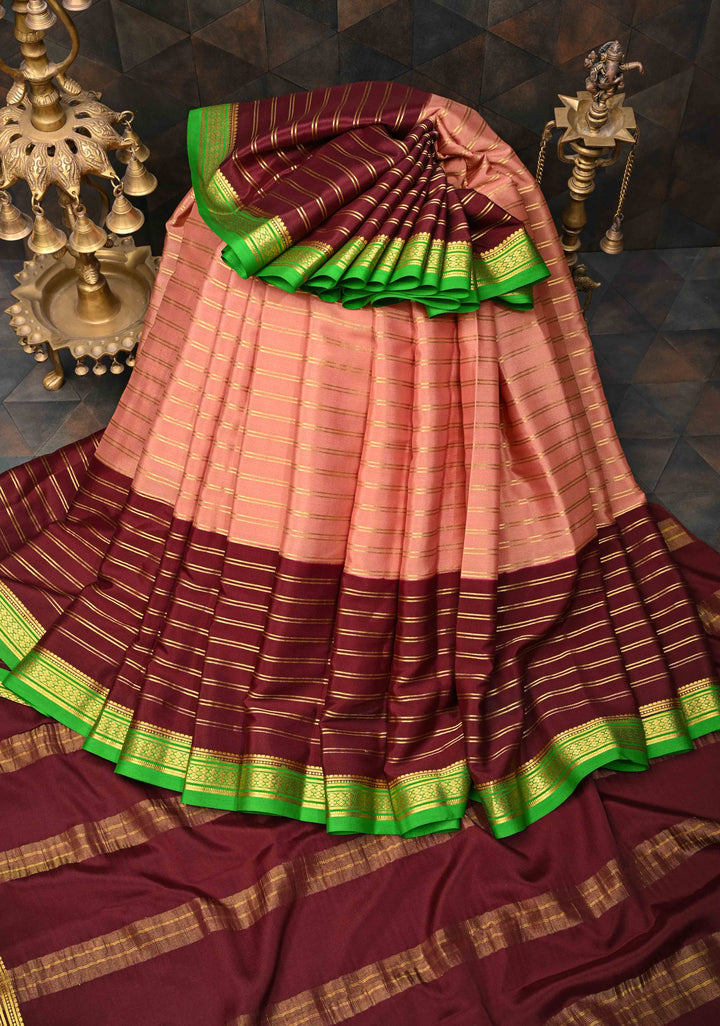 Pinkish Tan Mysore silk Saree With Horizontal stripes and Panel Contrast Zari Border in KSIC Grade Thickness | SILK MARK CERTIFIED