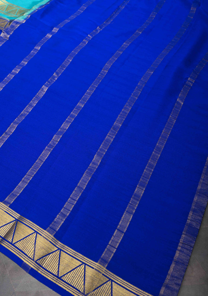 Cyan and Royal Blue Mysore silk Saree with Half Border in KSIC Grade Thickness | SILK MARK CERTIFIED