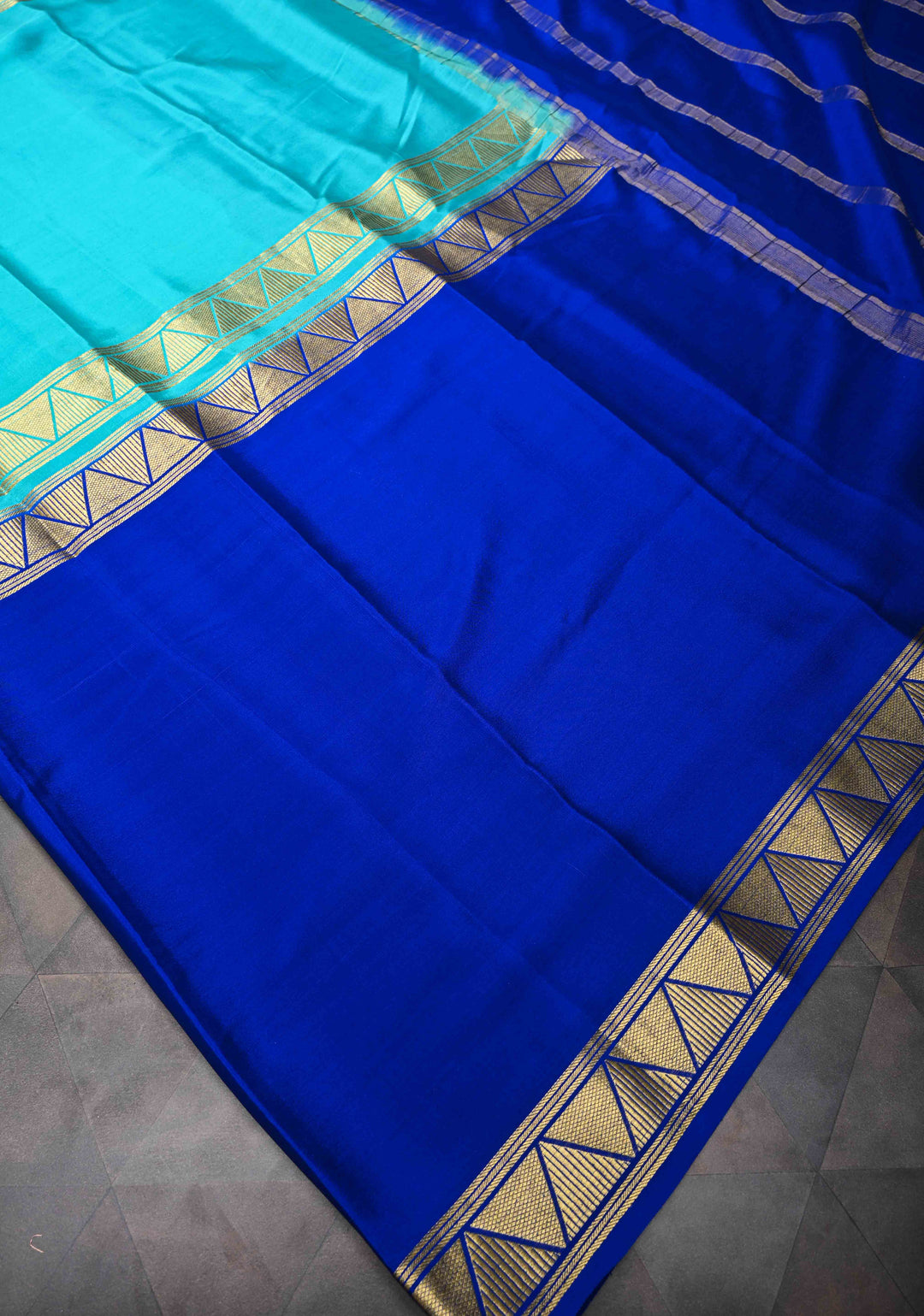 Cyan and Royal Blue Mysore silk Saree with Half Border in KSIC Grade Thickness | SILK MARK CERTIFIED