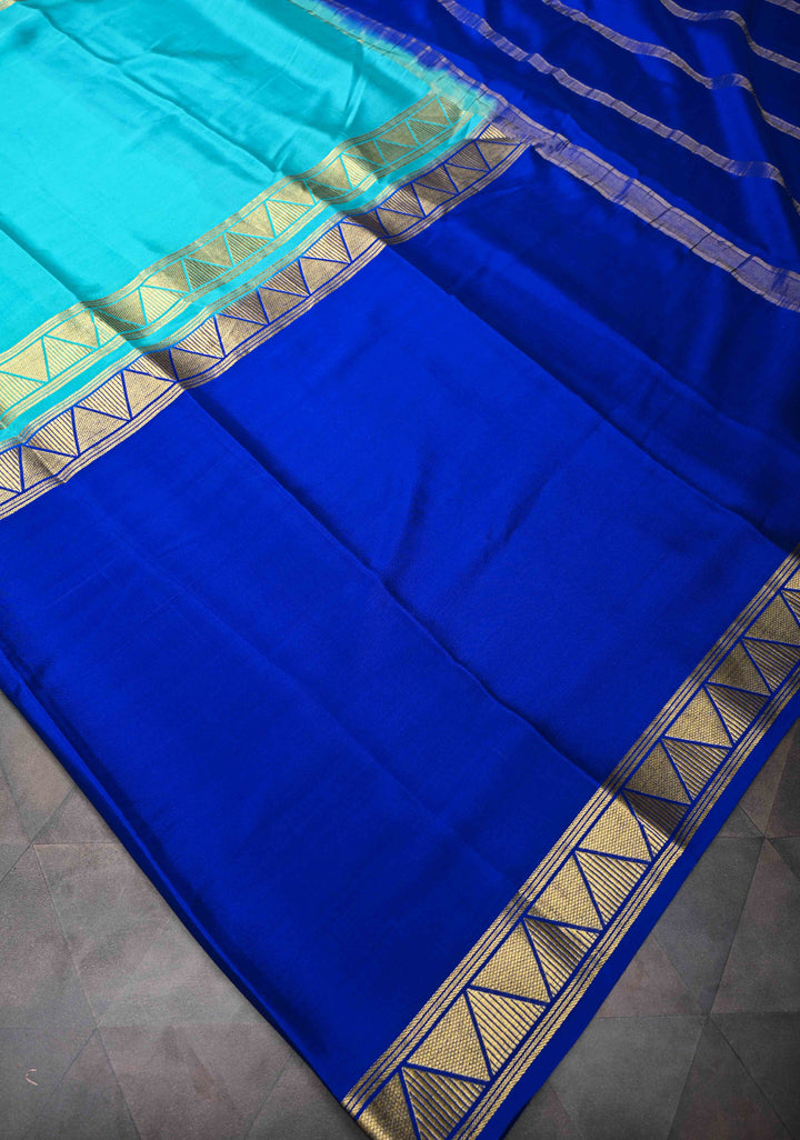 Cyan and Royal Blue Mysore silk Saree with Half Border in KSIC Grade Thickness | SILK MARK CERTIFIED