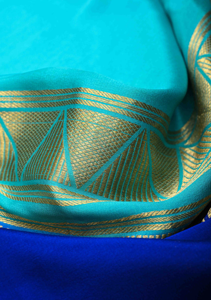 Cyan and Royal Blue Mysore silk Saree with Half Border in KSIC Grade Thickness | SILK MARK CERTIFIED