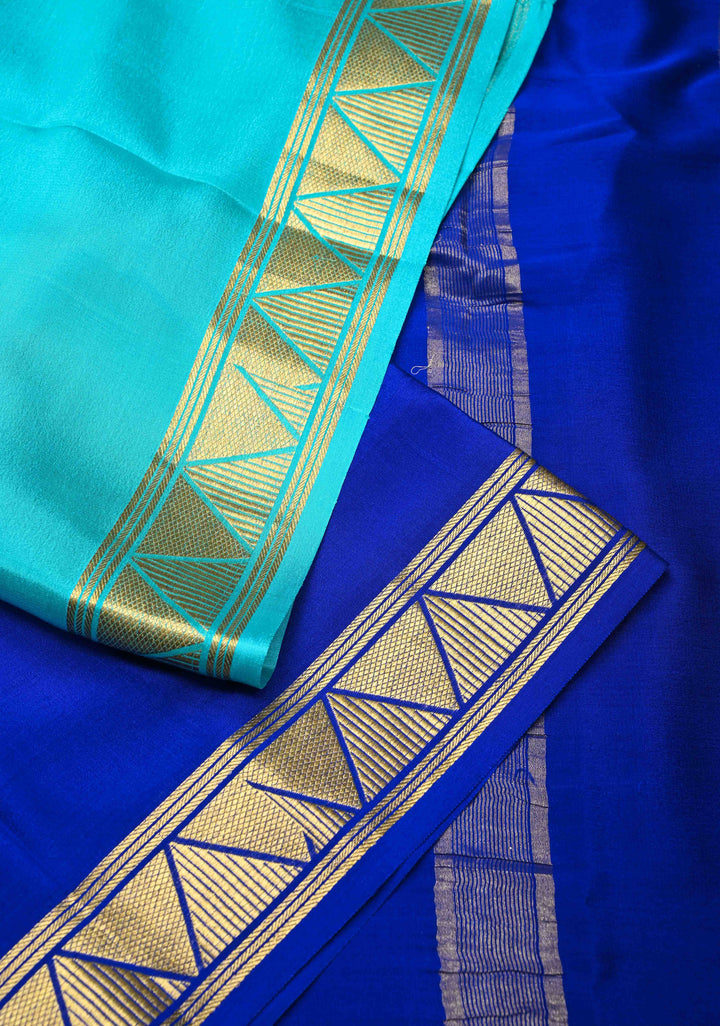 Cyan and Royal Blue Mysore silk Saree with Half Border in KSIC Grade Thickness | SILK MARK CERTIFIED