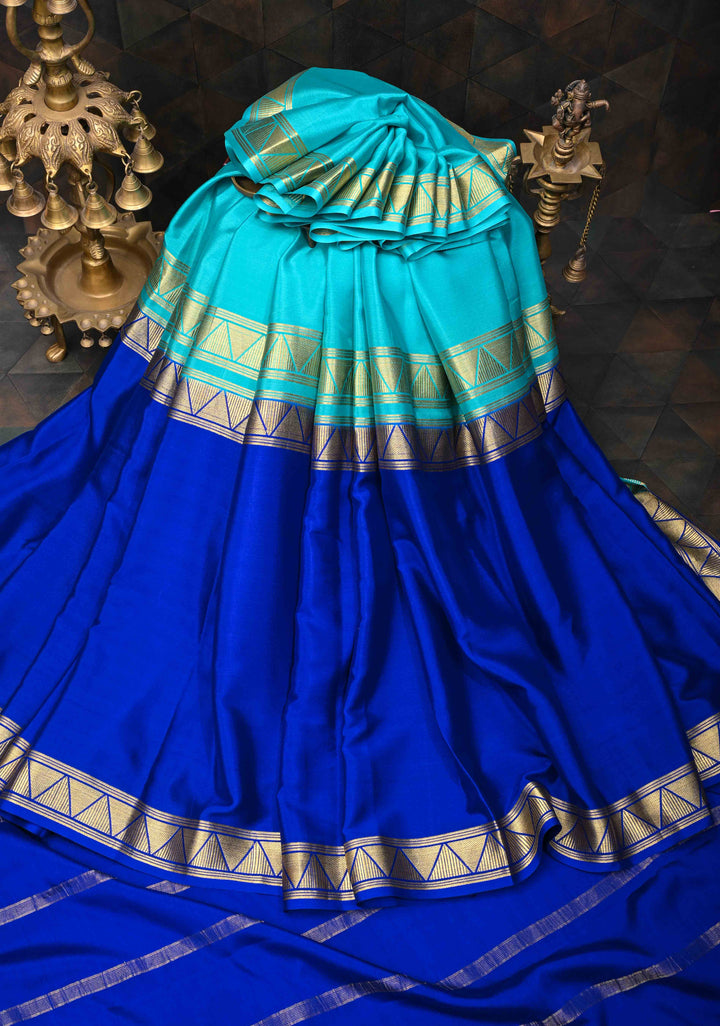 Cyan and Royal Blue Mysore silk Saree with Half Border in KSIC Grade Thickness | SILK MARK CERTIFIED