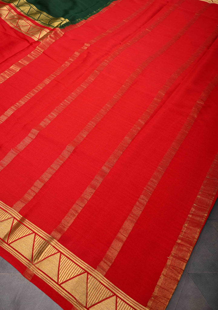 Dark Jungle Green And Red Mysore silk Saree With Half Border in KSIC Grade thickness | SILK MARK CERTIFIED