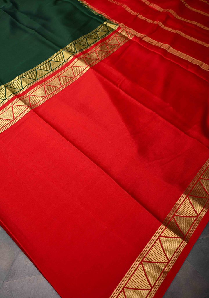 Dark Jungle Green And Red Mysore silk Saree With Half Border in KSIC Grade thickness | SILK MARK CERTIFIED