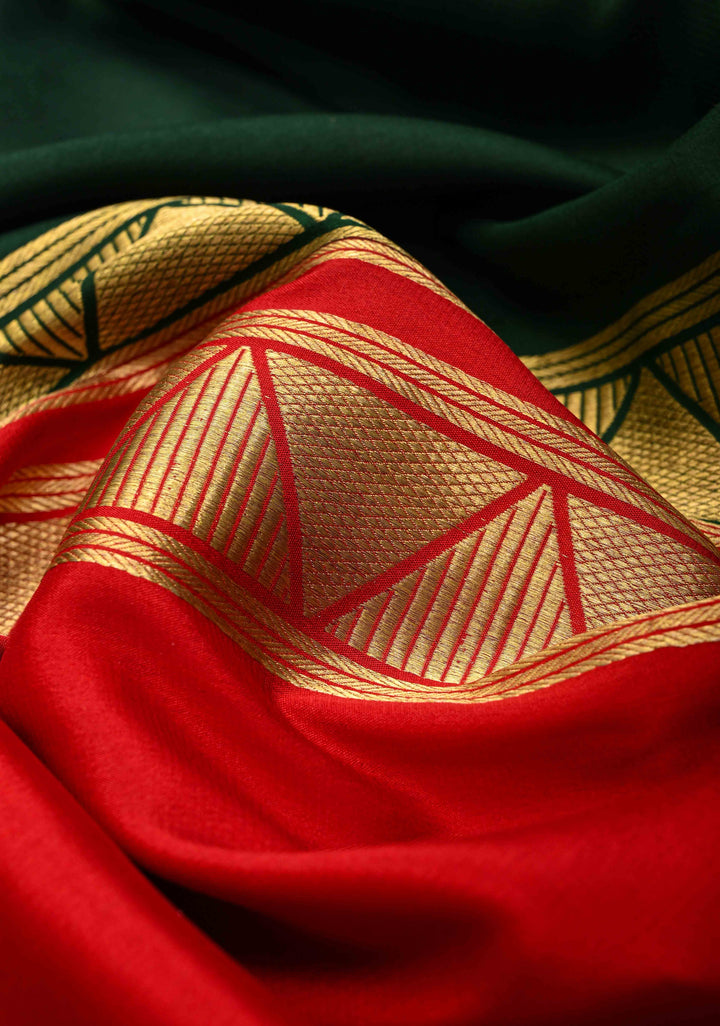 Dark Jungle Green And Red Mysore silk Saree With Half Border in KSIC Grade thickness | SILK MARK CERTIFIED