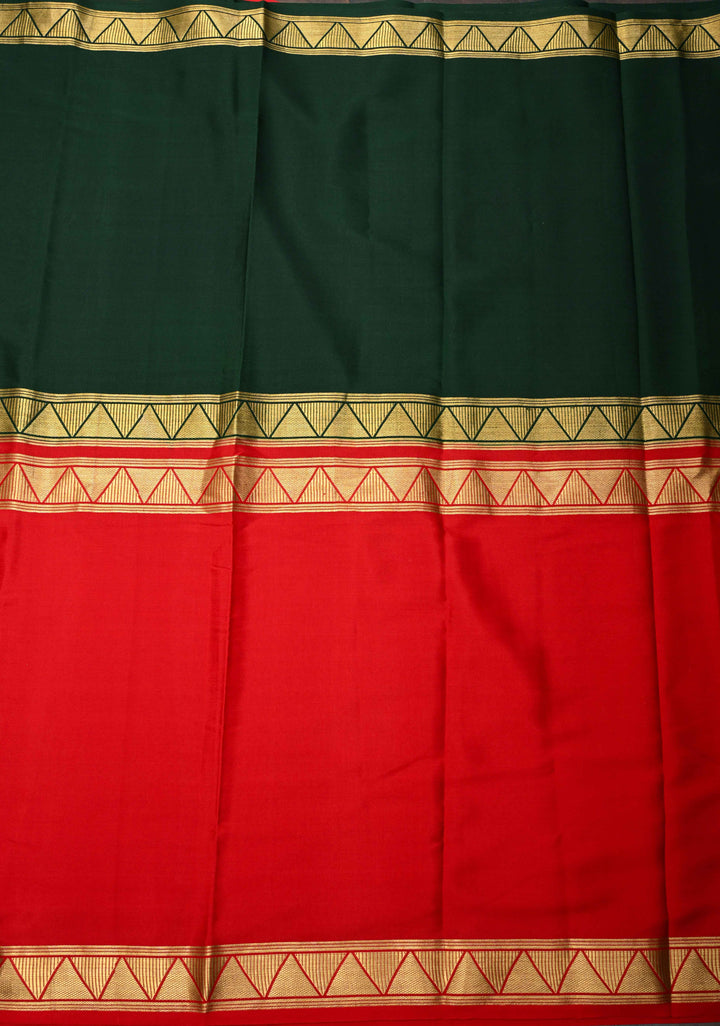 Dark Jungle Green And Red Mysore silk Saree With Half Border in KSIC Grade thickness | SILK MARK CERTIFIED