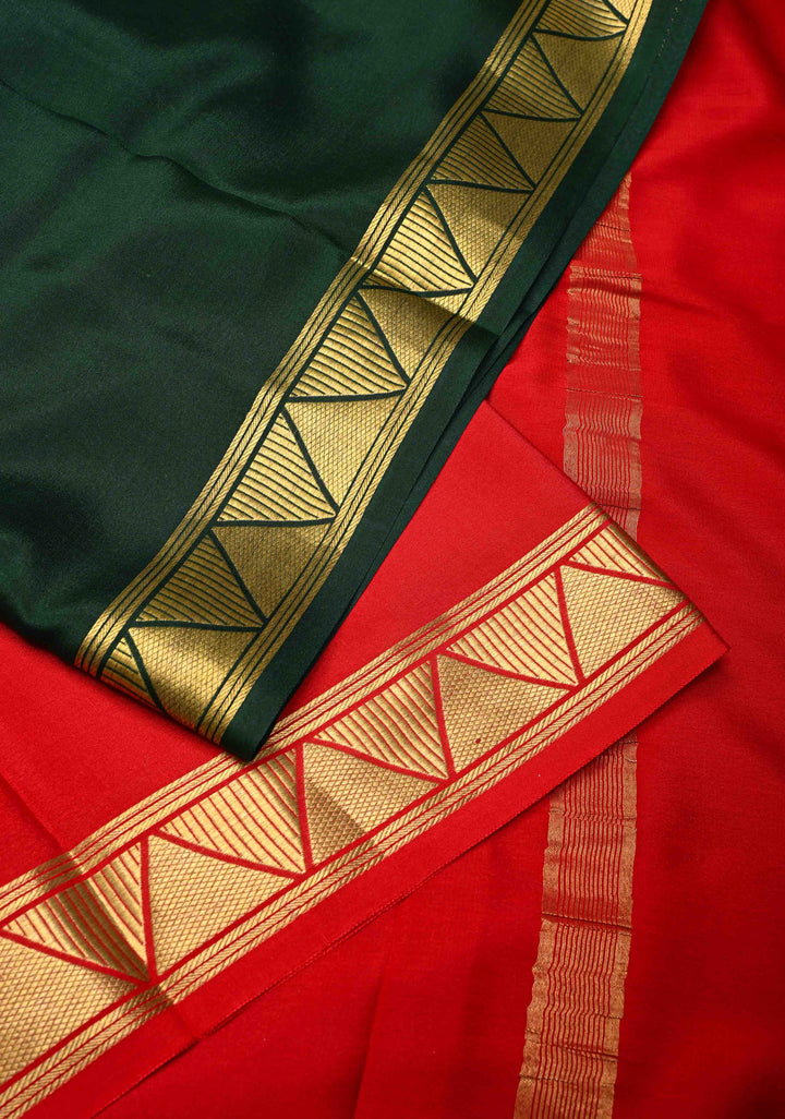 Dark Jungle Green And Red Mysore silk Saree With Half Border in KSIC Grade thickness | SILK MARK CERTIFIED