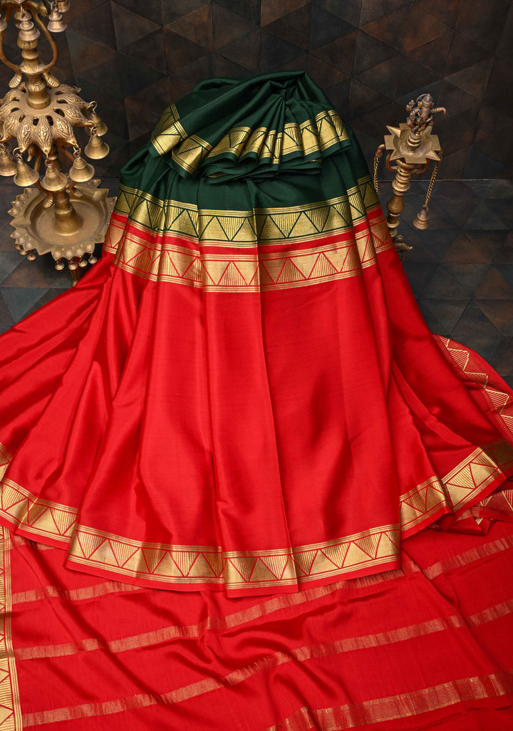 Dark Jungle Green And Red Mysore silk Saree With Half Border in KSIC Grade thickness | SILK MARK CERTIFIED