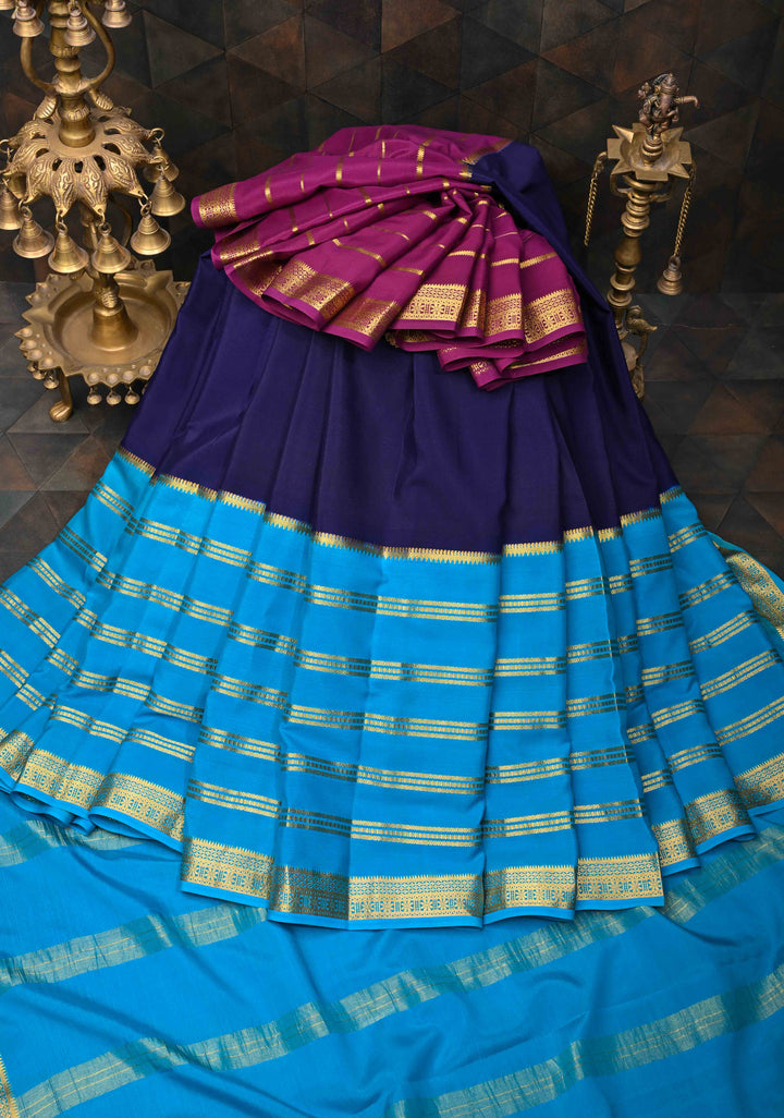 Mubaggam 3-Part Mysore Silk Saree in Purple with Dark indigo and Water Blue With Horizontal Zari stripes and Half Border in KSIC Grade Thickness | SILK MARK CERTIFIED