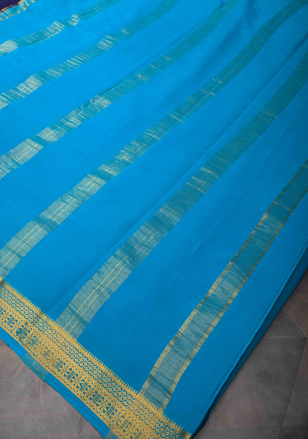 Mubaggam 3-Part Mysore Silk Saree in Purple with Dark indigo and Water Blue With Horizontal Zari stripes and Half Border in KSIC Grade Thickness | SILK MARK CERTIFIED