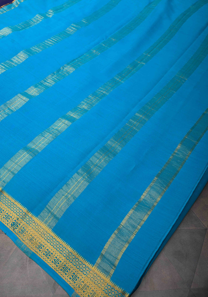 Mubaggam 3-Part Mysore Silk Saree in Purple with Dark indigo and Water Blue With Horizontal Zari stripes and Half Border in KSIC Grade Thickness | SILK MARK CERTIFIED