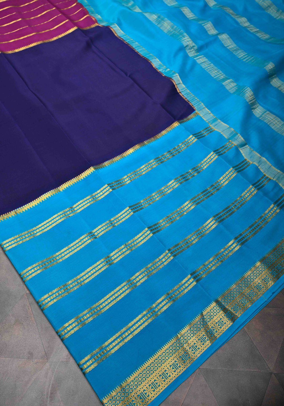 Mubaggam 3-Part Mysore Silk Saree in Purple with Dark indigo and Water Blue With Horizontal Zari stripes and Half Border in KSIC Grade Thickness | SILK MARK CERTIFIED