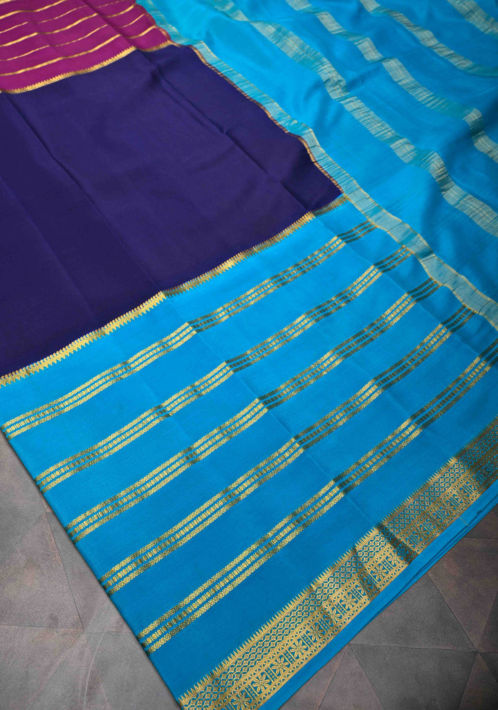 Mubaggam 3-Part Mysore Silk Saree in Purple with Dark indigo and Water Blue With Horizontal Zari stripes and Half Border in KSIC Grade Thickness | SILK MARK CERTIFIED