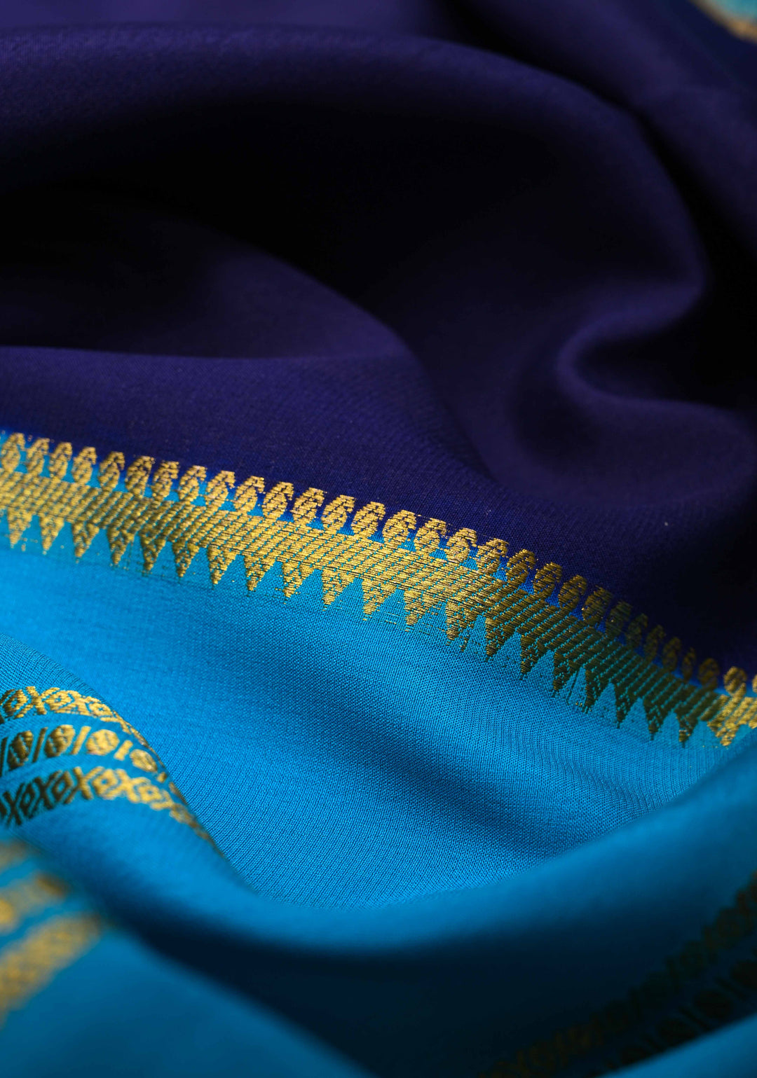 Mubaggam 3-Part Mysore Silk Saree in Purple with Dark indigo and Water Blue With Horizontal Zari stripes and Half Border in KSIC Grade Thickness | SILK MARK CERTIFIED