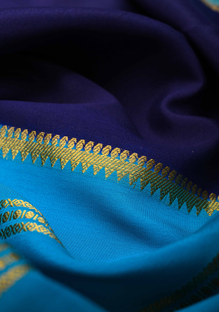 Mubaggam 3-Part Mysore Silk Saree in Purple with Dark indigo and Water Blue With Horizontal Zari stripes and Half Border in KSIC Grade Thickness | SILK MARK CERTIFIED
