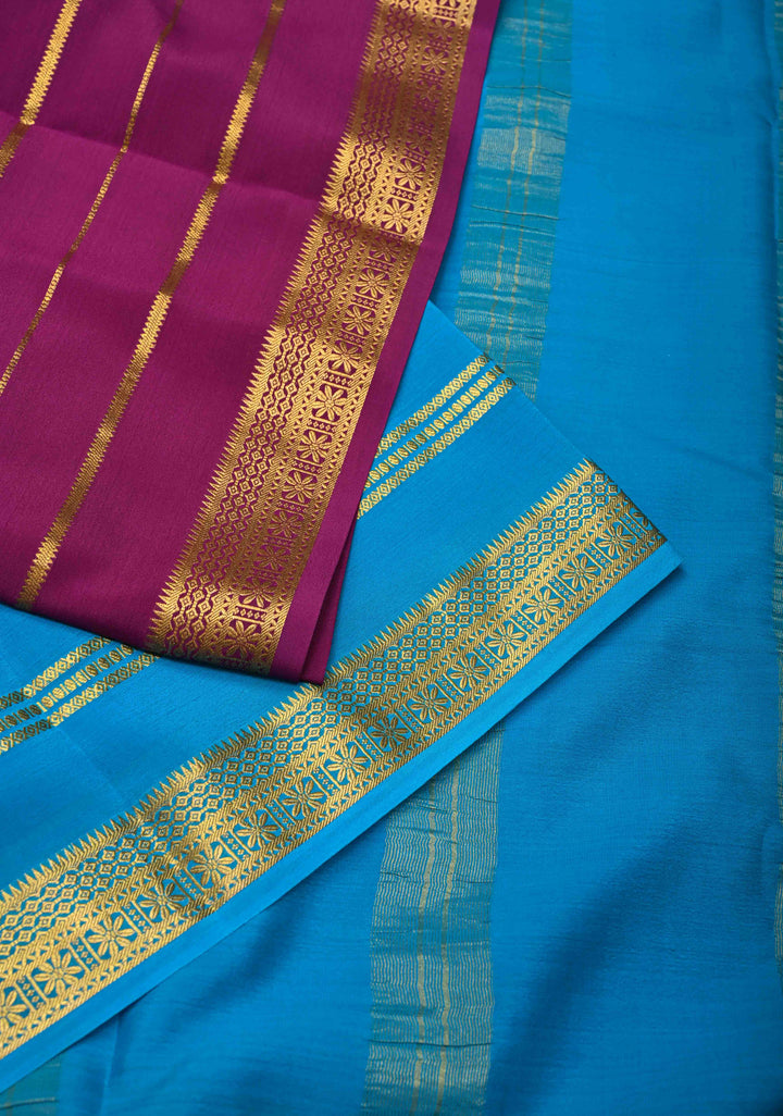 Mubaggam 3-Part Mysore Silk Saree in Purple with Dark indigo and Water Blue With Horizontal Zari stripes and Half Border in KSIC Grade Thickness | SILK MARK CERTIFIED