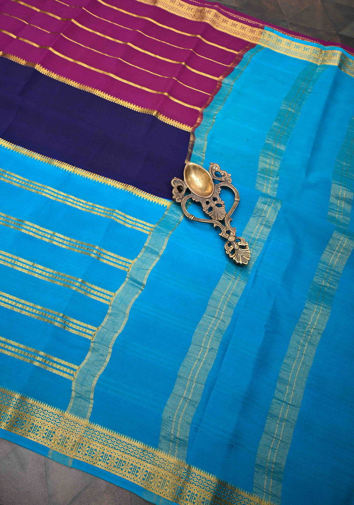 Mubaggam 3-Part Mysore Silk Saree in Purple with Dark indigo and Water Blue With Horizontal Zari stripes and Half Border in KSIC Grade Thickness | SILK MARK CERTIFIED
