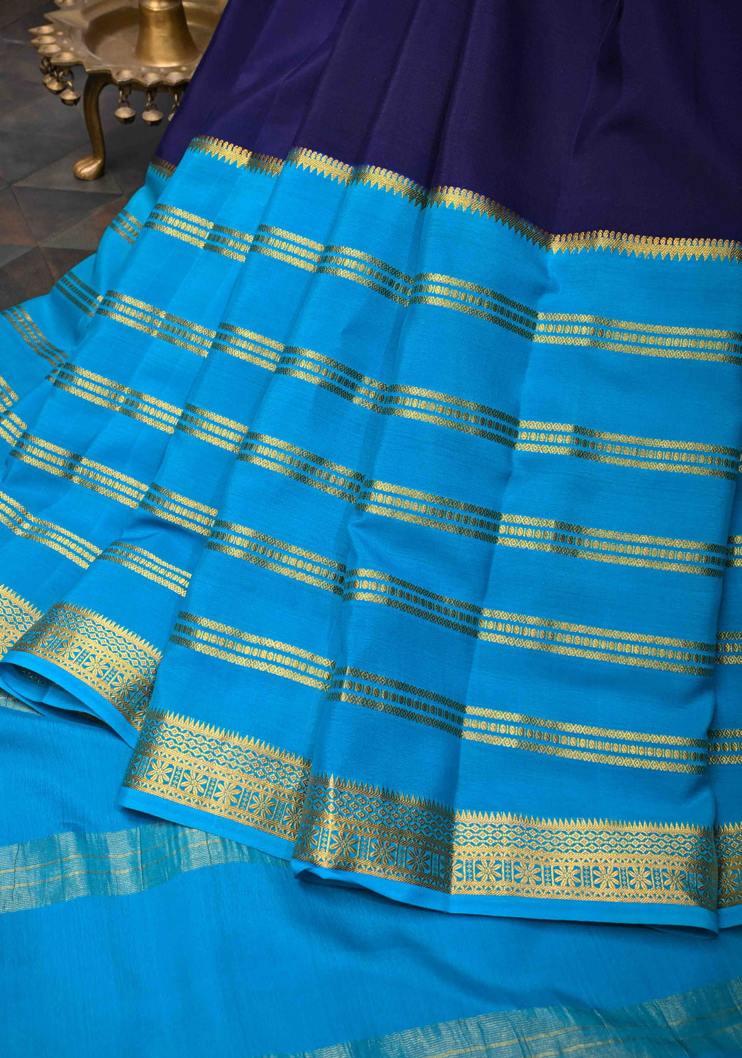 Mubaggam 3-Part Mysore Silk Saree in Purple with Dark indigo and Water Blue With Horizontal Zari stripes and Half Border in KSIC Grade Thickness | SILK MARK CERTIFIED