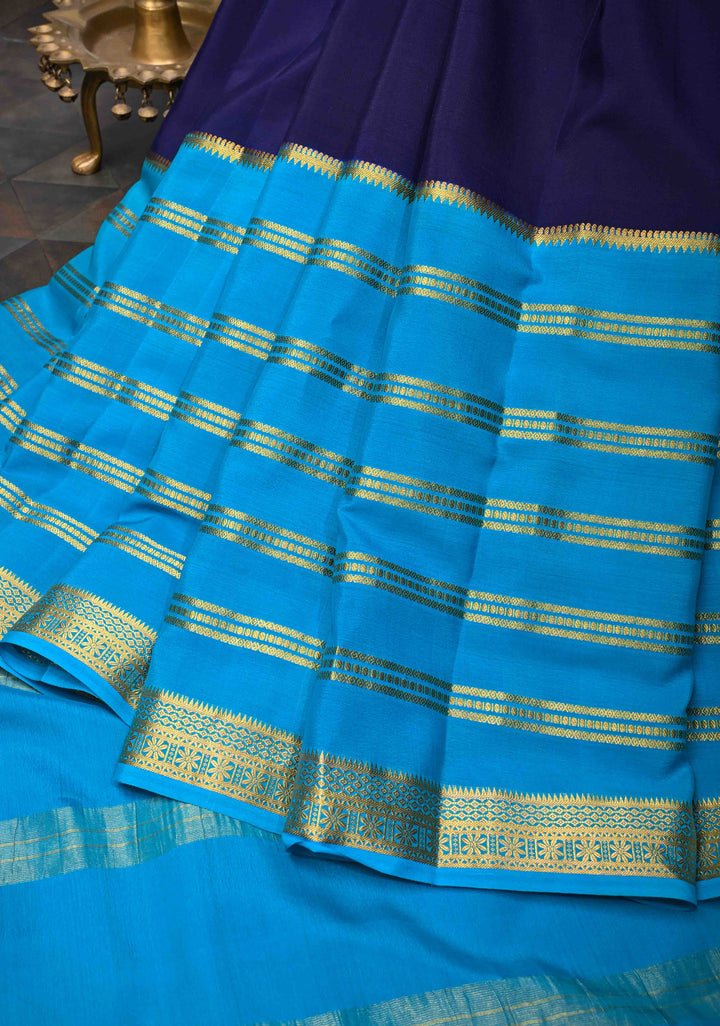 Mubaggam 3-Part Mysore Silk Saree in Purple with Dark indigo and Water Blue With Horizontal Zari stripes and Half Border in KSIC Grade Thickness | SILK MARK CERTIFIED