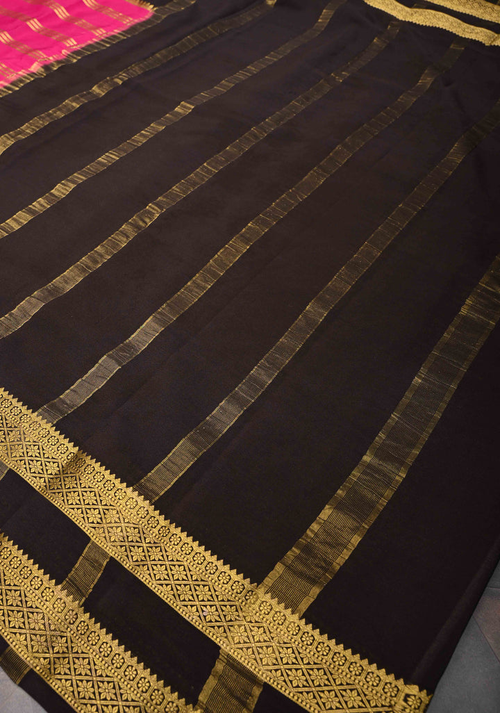 Bright Pink Mysore Silk Saree with Horizontal Stripes and Black Panel Zari Border in KSIC Grade Thickness | SILK MARK CERTIFIED