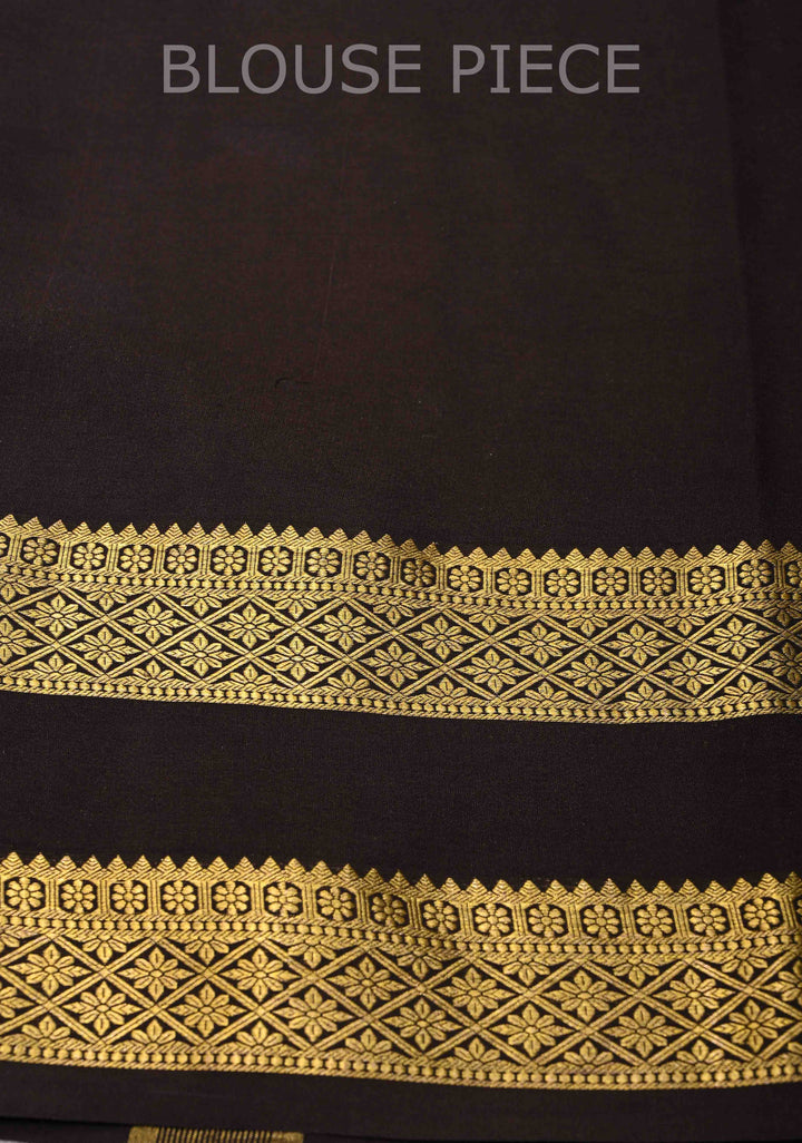 Bright Pink Mysore Silk Saree with Horizontal Stripes and Black Panel Zari Border in KSIC Grade Thickness | SILK MARK CERTIFIED
