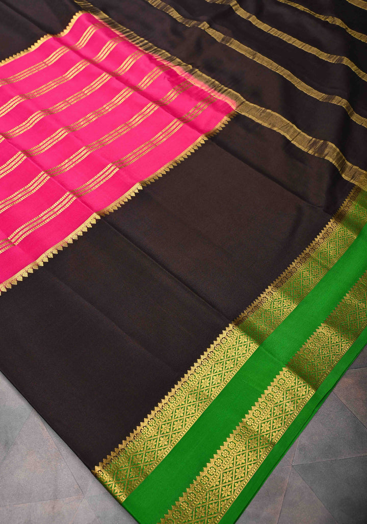 Bright Pink Mysore Silk Saree with Horizontal Stripes and Black Panel Zari Border in KSIC Grade Thickness | SILK MARK CERTIFIED