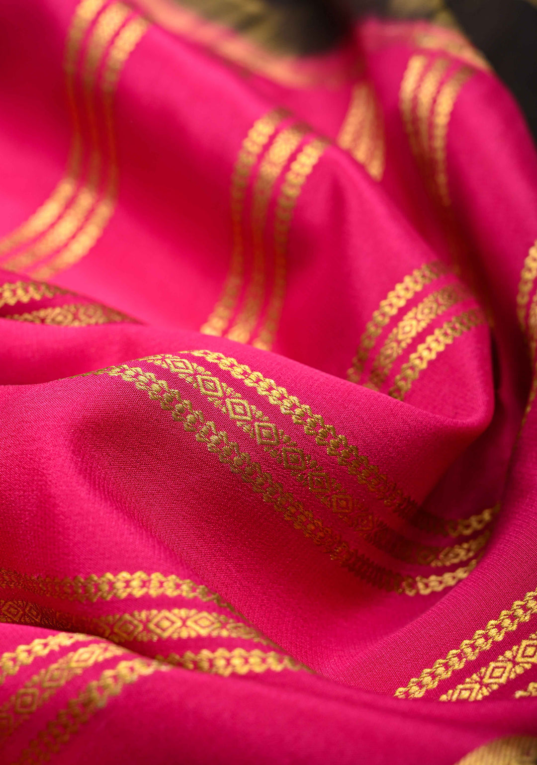 Bright Pink Mysore Silk Saree with Horizontal Stripes and Black Panel Zari Border in KSIC Grade Thickness | SILK MARK CERTIFIED
