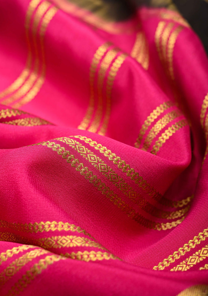 Bright Pink Mysore Silk Saree with Horizontal Stripes and Black Panel Zari Border in KSIC Grade Thickness | SILK MARK CERTIFIED