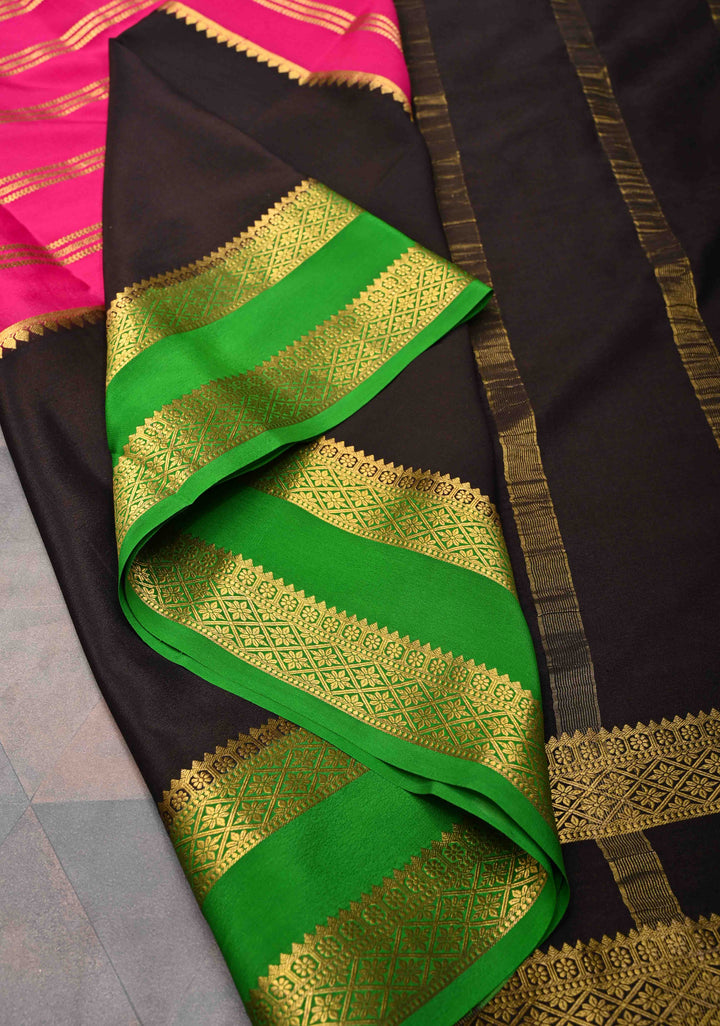 Bright Pink Mysore Silk Saree with Horizontal Stripes and Black Panel Zari Border in KSIC Grade Thickness | SILK MARK CERTIFIED