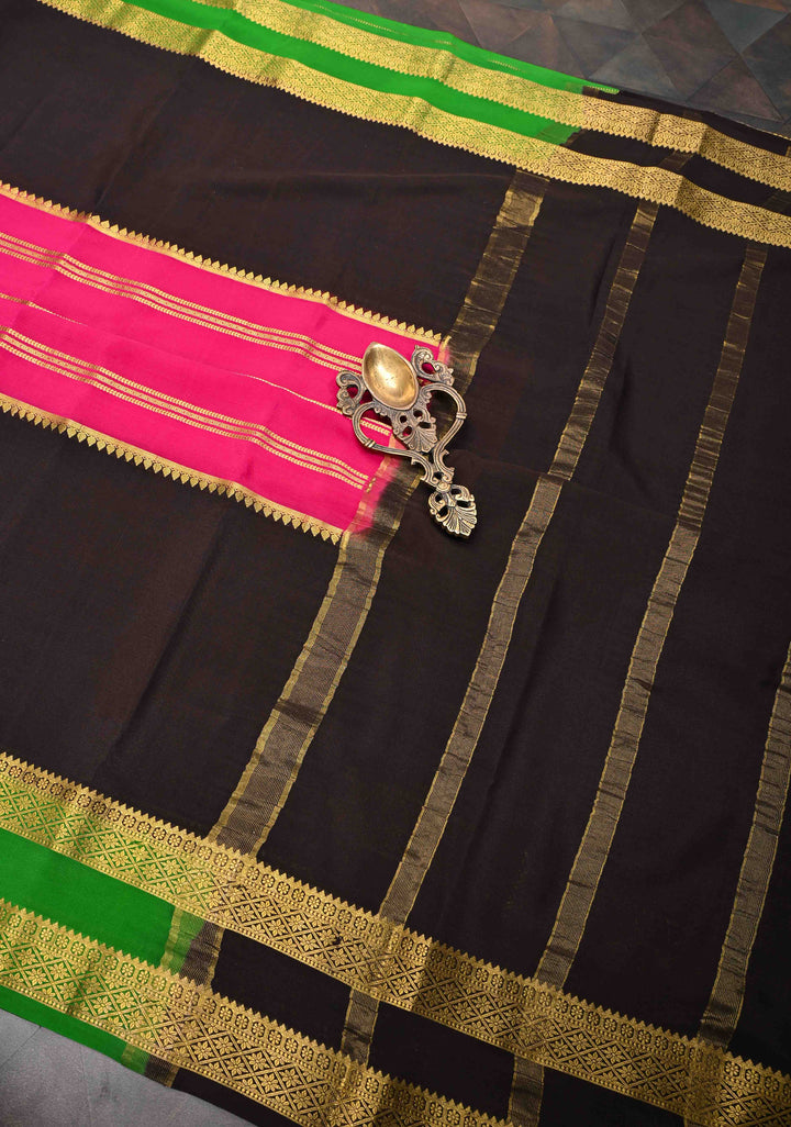 Bright Pink Mysore Silk Saree with Horizontal Stripes and Black Panel Zari Border in KSIC Grade Thickness | SILK MARK CERTIFIED