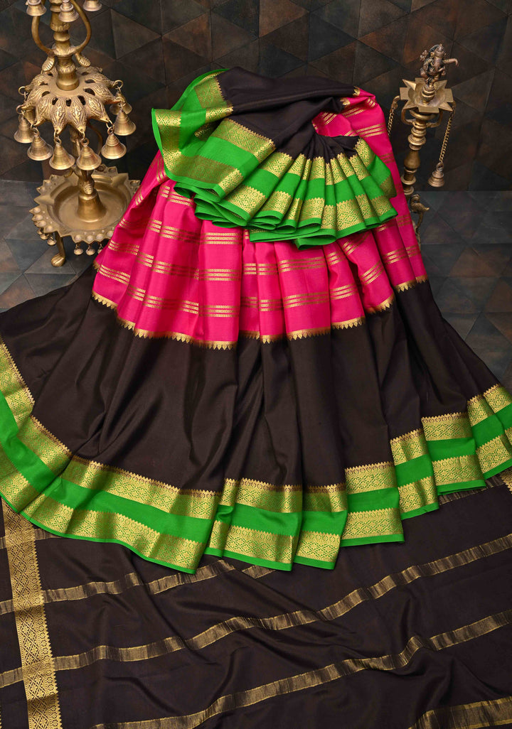 Bright Pink Mysore Silk Saree with Horizontal Stripes and Black Panel Zari Border in KSIC Grade Thickness | SILK MARK CERTIFIED
